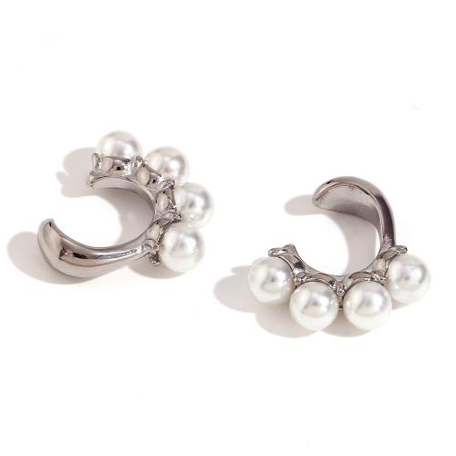 Stainless Steel Clip Earrings, 316L Stainless Steel, with Plastic Pearl, Vacuum Ion Plating, fashion jewelry & for woman 