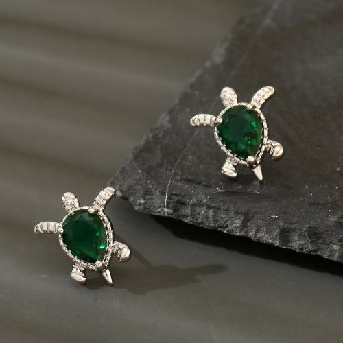 Rhinestone Brass Stud Earring, Turtle, silver color plated, fashion jewelry & for woman & with rhinestone, green 