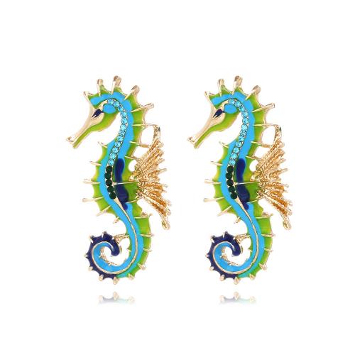Zinc Alloy Stud Earring, Seahorse, gold color plated, fashion jewelry & for woman & enamel & with rhinestone, mixed colors 