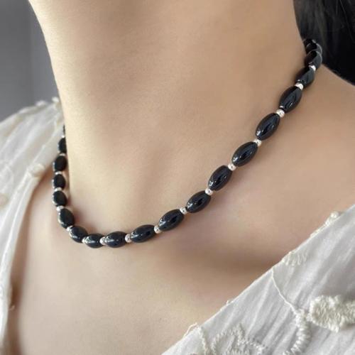 Schwarze Achat Halskette, Messing, mit Schwarzer Achat, plattiert, Modeschmuck, keine, Länge:39 cm, verkauft von PC