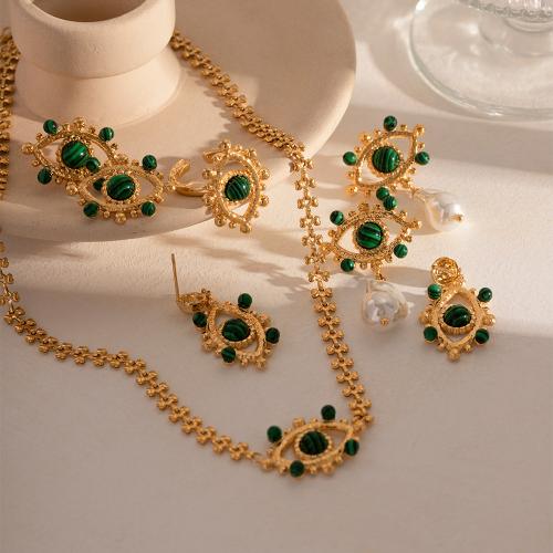 Fashion Stainless Steel Jewelry Sets, 304 Stainless Steel, with Malachite & Plastic Pearl, plated, fashion jewelry 