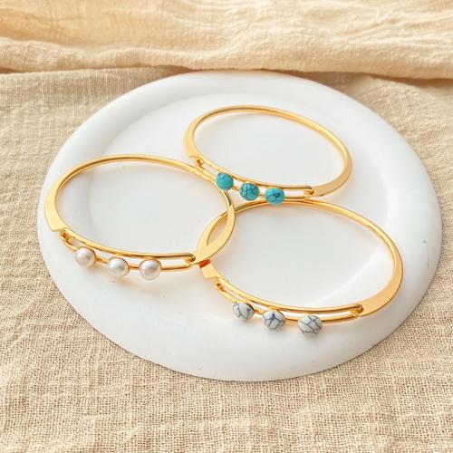 Cultured Freshwater Pearl Brass Bracelet, with Natural Turquoise & Freshwater Pearl, plated, fashion jewelry & for woman, golden, External .8mm 