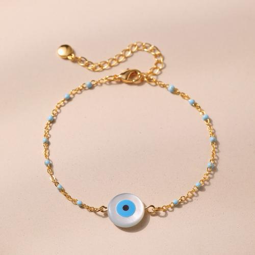Evil Eye Jewelry Bracelet, Brass, with Trochus, with 6cm extender chain, handmade & fashion jewelry & for woman & enamel, golden Approx 16.5 cm 