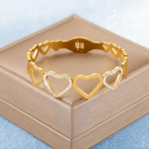 Stainless Steel Bangle, 304 Stainless Steel, Heart, plated, fashion jewelry & for woman & with rhinestone & hollow, gold 