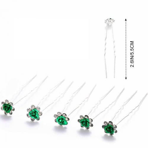 Palillos para el Cabello, fundición, para mujer & con diamantes de imitación, verde, 5PCs/Set, Vendido por Set