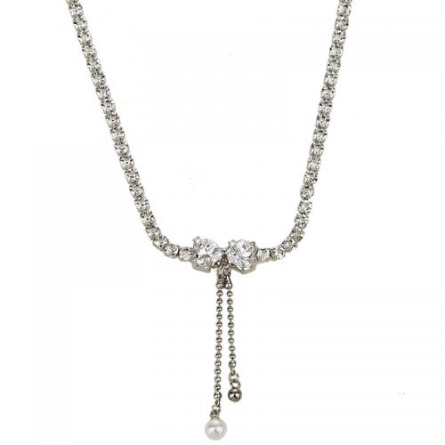 Cubic Zircon Micro Pave Brass Necklace, with Plastic Pearl, with 10CM extender chain, plated, micro pave cubic zirconia & for woman, silver color Approx 37 cm 