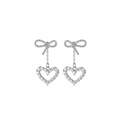 925 Sterling Silver Drop Earring, Heart, plated, fashion jewelry & micro pave cubic zirconia & for woman & hollow 29.5mm 