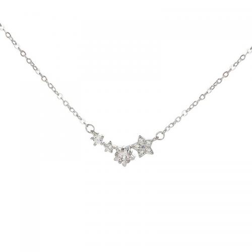 925 Sterling Silver Necklace, with 2inch extender chain, Star, platinum plated, cross chain & micro pave cubic zirconia & for woman Approx 15.7 Inch 