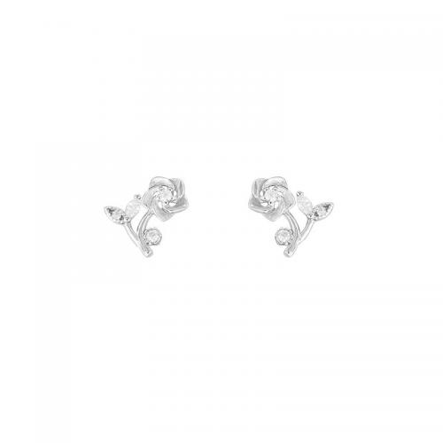 925 Sterling Silver Stud Earring, Flower, platinum plated, micro pave cubic zirconia & for woman 