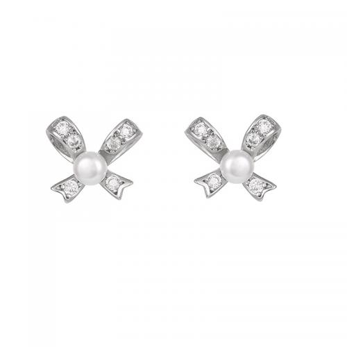 925 Sterling Silver Stud Earring, with Freshwater Pearl, Bowknot, platinum plated, micro pave cubic zirconia & for woman 