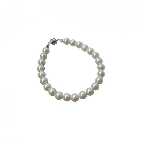 925 Sterling Silver Bracelet, with Glass Pearl, platinum plated, with magnetic & for woman Approx 6.3 Inch 