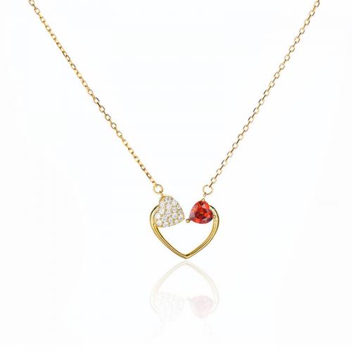 925 Sterling Silver Necklace, with 2inch extender chain, Heart, gold color plated, cross chain & micro pave cubic zirconia & for woman & hollow Approx 15.7 Inch 