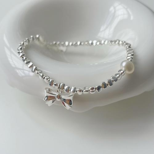 Argent sterling 925 bracelet, avec perle de plastique, avec 1.2inch chaînes de rallonge, Noeud papillon, bijoux de mode & pour femme, argent Environ 6.3 pouce, Vendu par PC