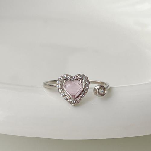 925 Sterling Silver Cuff Finger Ring, with Glass, Heart, platinum plated, micro pave cubic zirconia & for woman, US Ring .5 