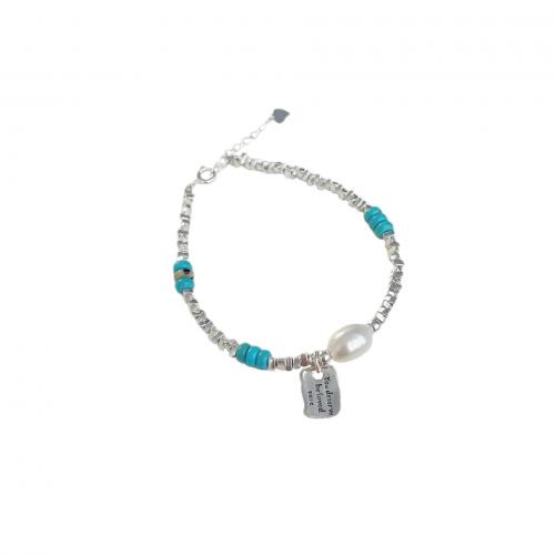 925 Sterling Silver Bracelet, with turquoise & Dalmatian & Freshwater Pearl, with 1.2inch extender chain, Geometrical Pattern, for woman & enamel, silver color Approx 6.3 Inch 