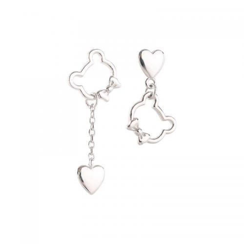 925 Sterling Silver Asymmetric Earrings, Bear, platinum plated, for woman & hollow, earring size 33mm 