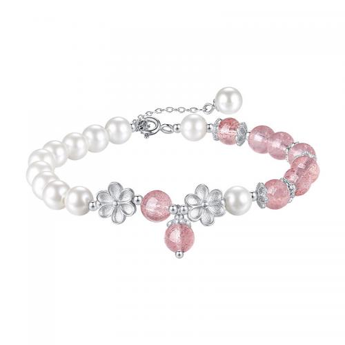 925 Sterling Silver Bracelet, with Glass Pearl & Strawberry Quartz, with 2inch extender chain, Flower, fashion jewelry & for woman, silver color Approx 6.7 Inch 