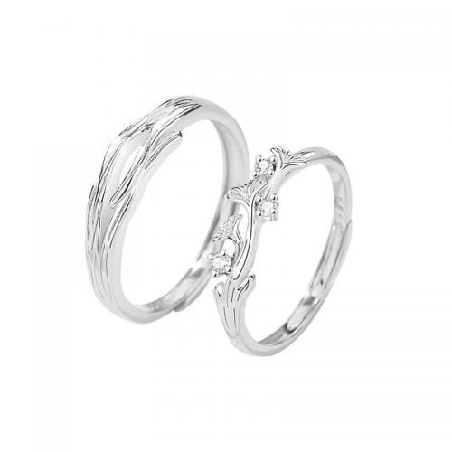 925 Sterling Silver Couple Ring, Ginkgo Leaf, platinum plated, adjustable & micro pave cubic zirconia & for couple, US Ring 
