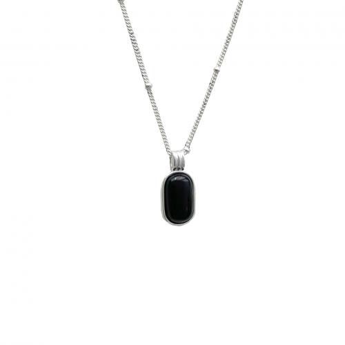 925 Sterling Silver Necklace, with Black Agate, with 2inch extender chain, Geometrical Pattern, fashion jewelry & for woman, silver color Approx 16.1 Inch 