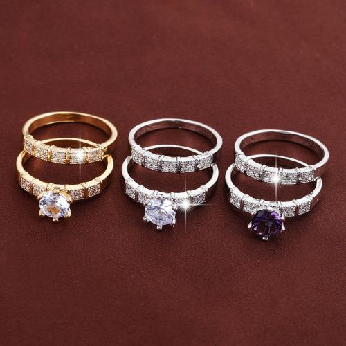 Brass Ring Set, plated, 2 pieces & Unisex & micro pave cubic zirconia 