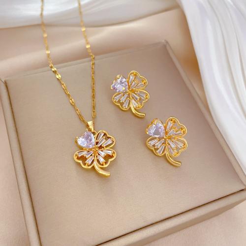 Titanium Steel Jewelry Set, with Brass, with 1.97inch extender chain, Four Leaf Clover, Vacuum Ion Plating & micro pave cubic zirconia & for woman, golden Approx 15.75 Inch 