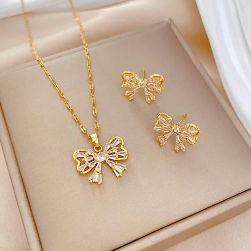 Titanium Steel Jewelry Set, with Brass, with 1.97inch extender chain, Bowknot, Vacuum Ion Plating & micro pave cubic zirconia & for woman, golden Approx 15.75 Inch 