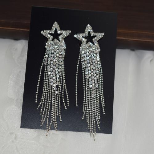 Fashion Fringe Earrings, Brass, Star, silver color plated, fashion jewelry & for woman & with rhinestone, silver color 