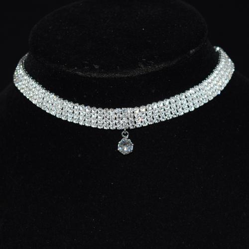 Латунное Ожерелье Горного Хрусталя, Латунь, с 5.9inch наполнитель цепи, плакирован серебром, инкрустированное микро кубического циркония & Женский & со стразами, серебряный, 10mm, длина:Приблизительно 11.22 дюймовый, продается PC