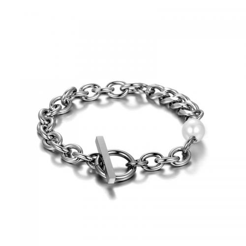 Titanium Steel Bracelet & Bangle, with Plastic Pearl, fashion jewelry & Unisex 