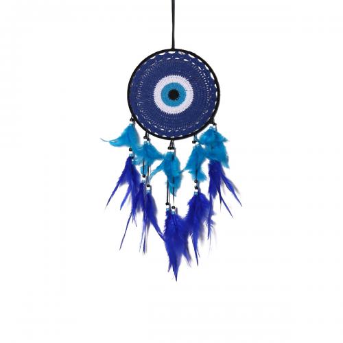 Fashion Dream Catcher, Feather, with Rattan & Nylon & Iron, handmade, for home and office & evil eye pattern, blue, 500mm 