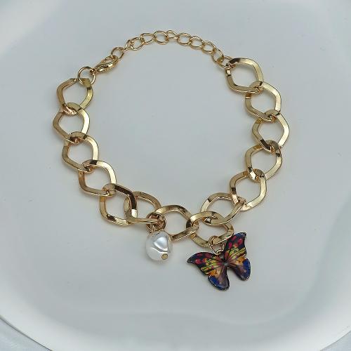 Zinc Alloy Iron Chain Bracelets, with Plastic Pearl & Zinc Alloy, Butterfly, fashion jewelry, golden cm [