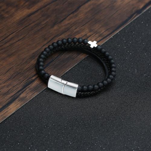 PU Leather Cord Bracelets, Microfiber, with Black Agate & 304 Stainless Steel, polished, three layers & fashion jewelry & for man, black Approx 21.5 cm 