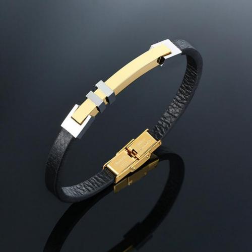 PU Leather Cord Bracelets, Microfiber, with 304 Stainless Steel, polished, fashion jewelry & for man, golden Approx 21 cm 