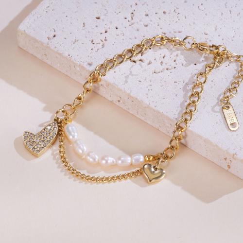 Cultured Freshwater Pearl Bracelets, 304 Stainless Steel, with Freshwater Pearl, with 4cm extender chain, Heart, plated, fashion jewelry & micro pave cubic zirconia & for woman, gold Approx 17 cm 