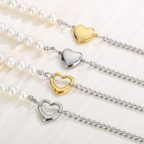 Stainless Steel Jewelry Necklace, 304 Stainless Steel, with Plastic Pearl, Heart, plated, fashion jewelry & for woman Approx 45 cm 