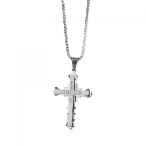 Stainless Steel Jewelry Necklace, 304 Stainless Steel, Cross, polished, Unisex & micro pave cubic zirconia Pendant-70 * 40mm Approx 50 cm 