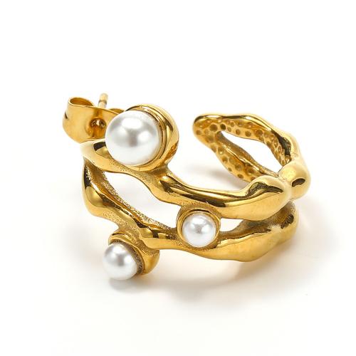 Titanium Steel Earrings, with Plastic Pearl, Vacuum Ion Plating, for woman, golden 