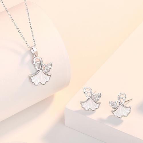 925 Sterling Silver Jewelry Set, with White Shell, Ginkgo Leaf, platinum plated & for woman 