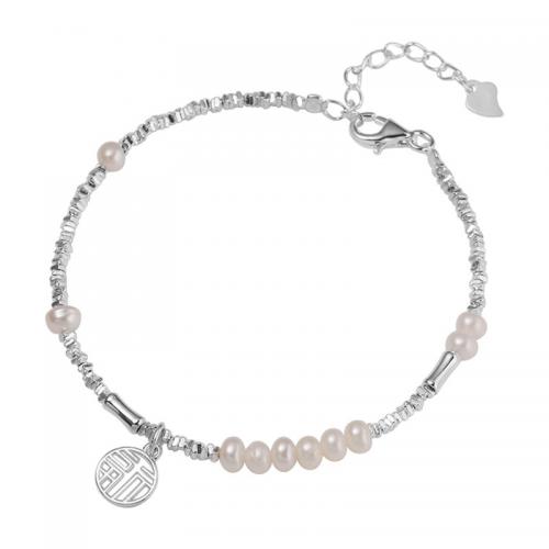 Pearl Sterling Silver Bracelets, 925 Sterling Silver, with Freshwater Pearl, with 1.2inch extender chain, Alphabet Letter, fashion jewelry & for woman, silver color Approx 6.5 Inch 