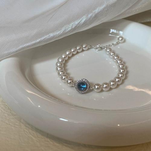 Glass Pearl Jewelry Bracelets, 925 Sterling Silver, with Glass Pearl, with 2inch extender chain, Round, platinum plated, micro pave cubic zirconia & for woman Approx 6.3 Inch 