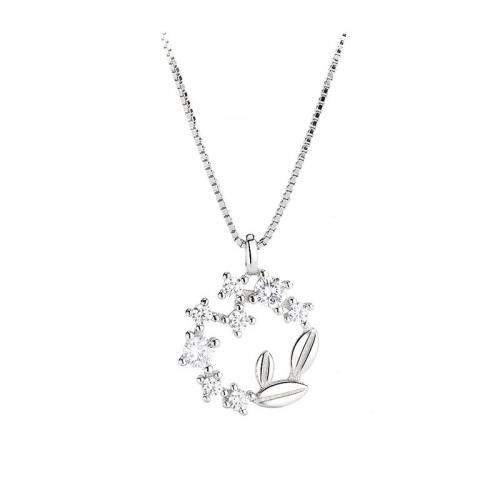 Sterling Silver Jewelry Necklace, 925 Sterling Silver, with 2inch extender chain, Wheat, platinum plated, for woman & with rhinestone & hollow Approx 15.7 Inch 