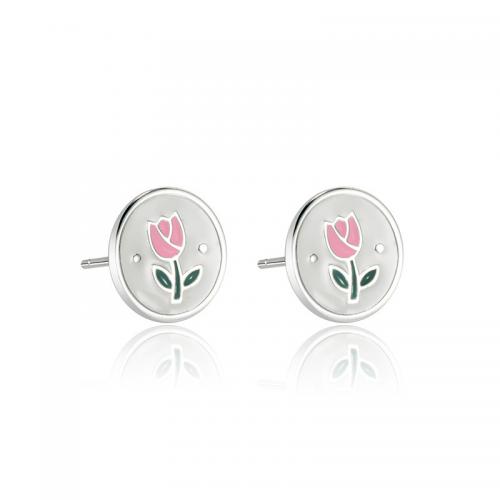 Sterling Silver Stud Earring, 925 Sterling Silver, Round, with flower pattern & for woman & enamel, silver color 