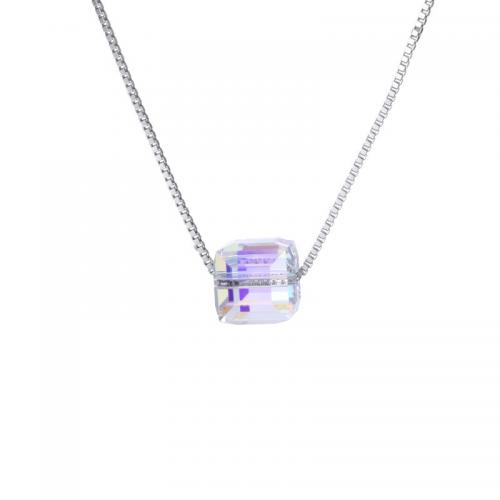 Sterling Silver Jewelry Necklace, 925 Sterling Silver, with Austrian Crystal, Cube, plated, box chain & for woman Approx 17.7 Inch 