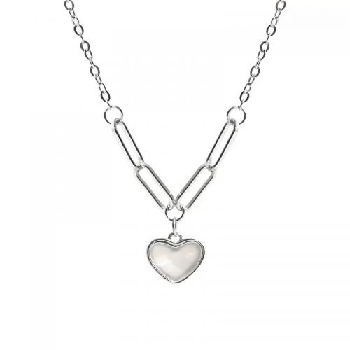 Sterling Silver Jewelry Necklace, 925 Sterling Silver, with White Shell, with 2inch extender chain, Heart, plated, fashion jewelry & for woman Approx 15.7 Inch 