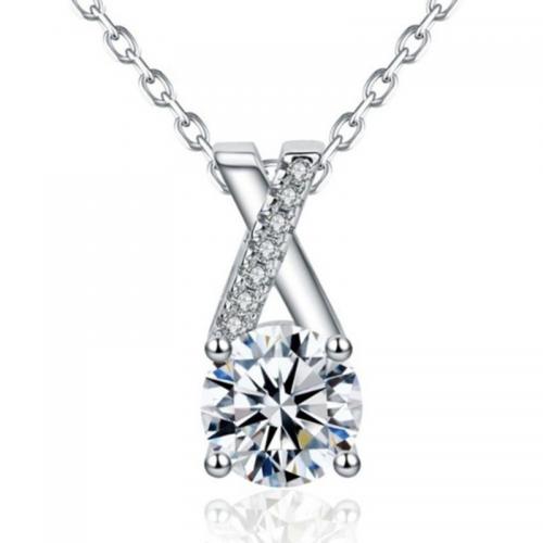 Cubic Zirconia Sterling Silver Necklace, 925 Sterling Silver, with 2inch extender chain, Geometrical Pattern, platinum plated, fashion jewelry & for woman & with cubic zirconia Approx 15.7 Inch 