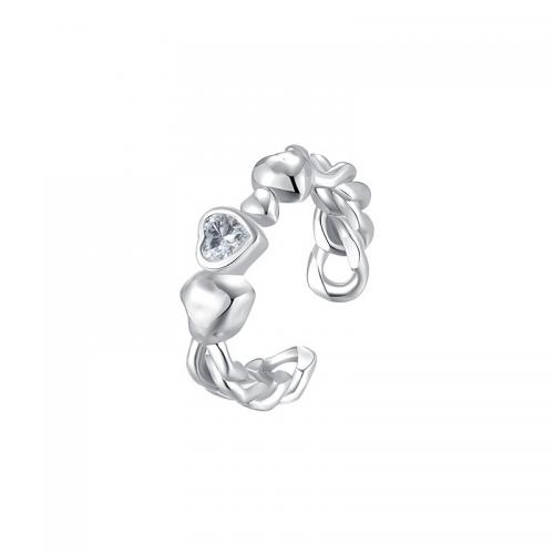 Sterling Silver Finger Ring, 925 Sterling Silver, Heart, adjustable & for woman & with rhinestone, silver color, US Ring 