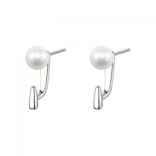 Sterling Silver Stud Earring, 925 Sterling Silver, with Plastic Pearl, platinum plated, fashion jewelry & for woman 