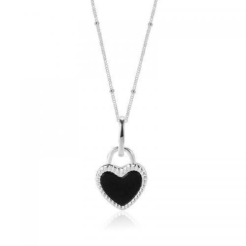 Sterling Silver Jewelry Necklace, 925 Sterling Silver, with Black Agate & White Shell, with 2inch extender chain, Heart, fashion jewelry & for woman, silver color Approx 15.7 Inch 