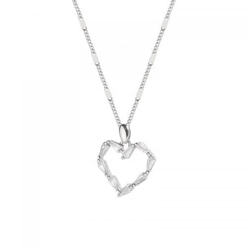 Sterling Silver Jewelry Necklace, 925 Sterling Silver, with 2inch extender chain, Heart, platinum plated, for woman & with rhinestone & hollow Approx 15.7 Inch 