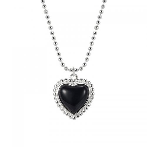 Sterling Silver Jewelry Necklace, 925 Sterling Silver, with Black Agate, with 2inch extender chain, Heart, ball chain & for woman & hollow, silver color Approx 15.7 Inch 